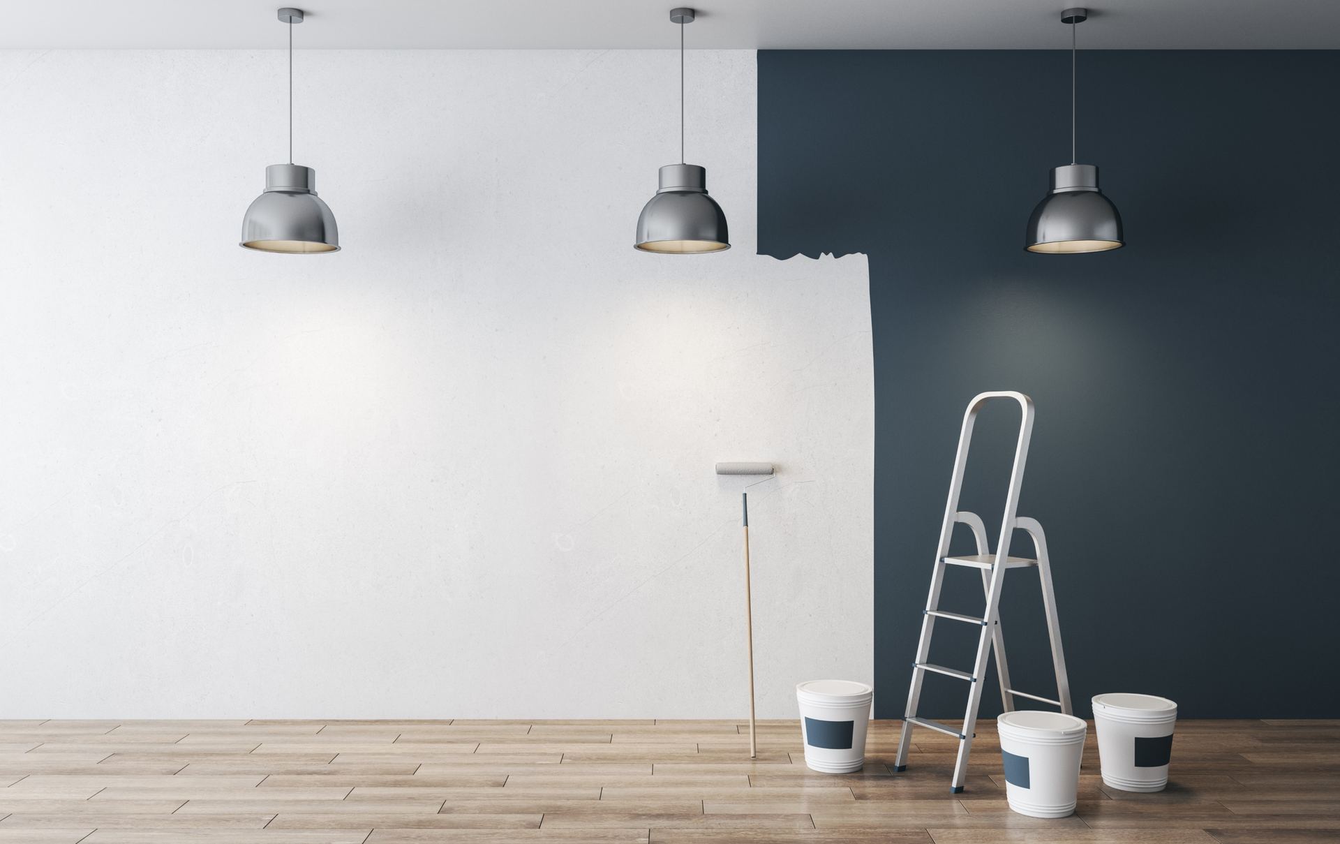 Freshly painted navy feature wall with roller and paint tins in a London home